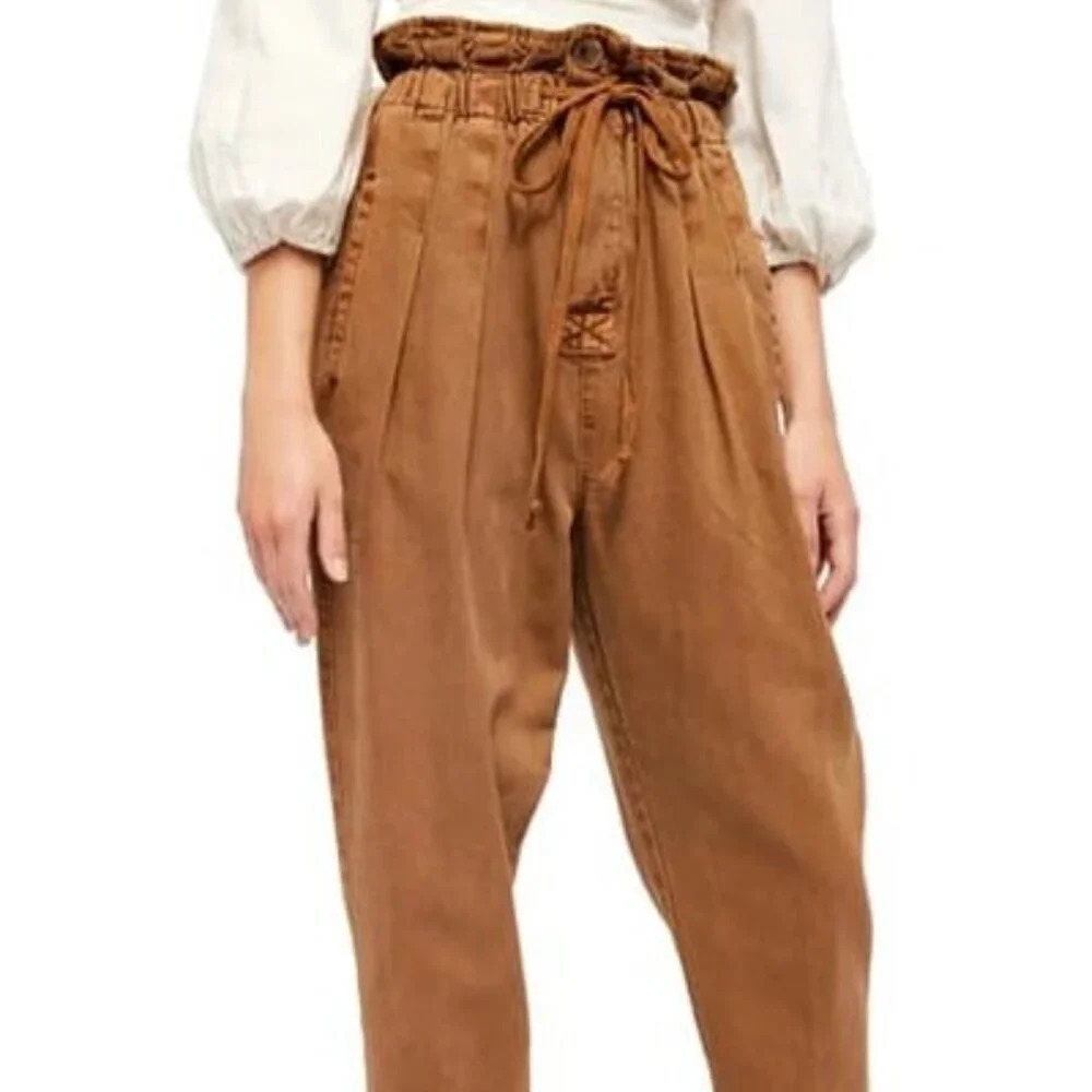 Free People Tan Margate Pleated High Rise‎ Paperbag Pants